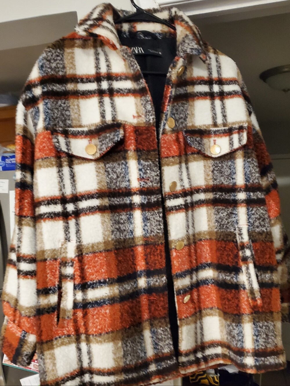 ZARA Oversized Limited Plaid Button-Up Shacket in Cream, Rust & Brown